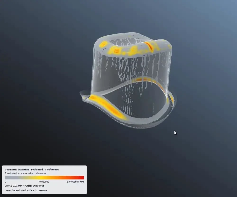 Geometry comparison with a color-coded deviation overlay and measurement legend