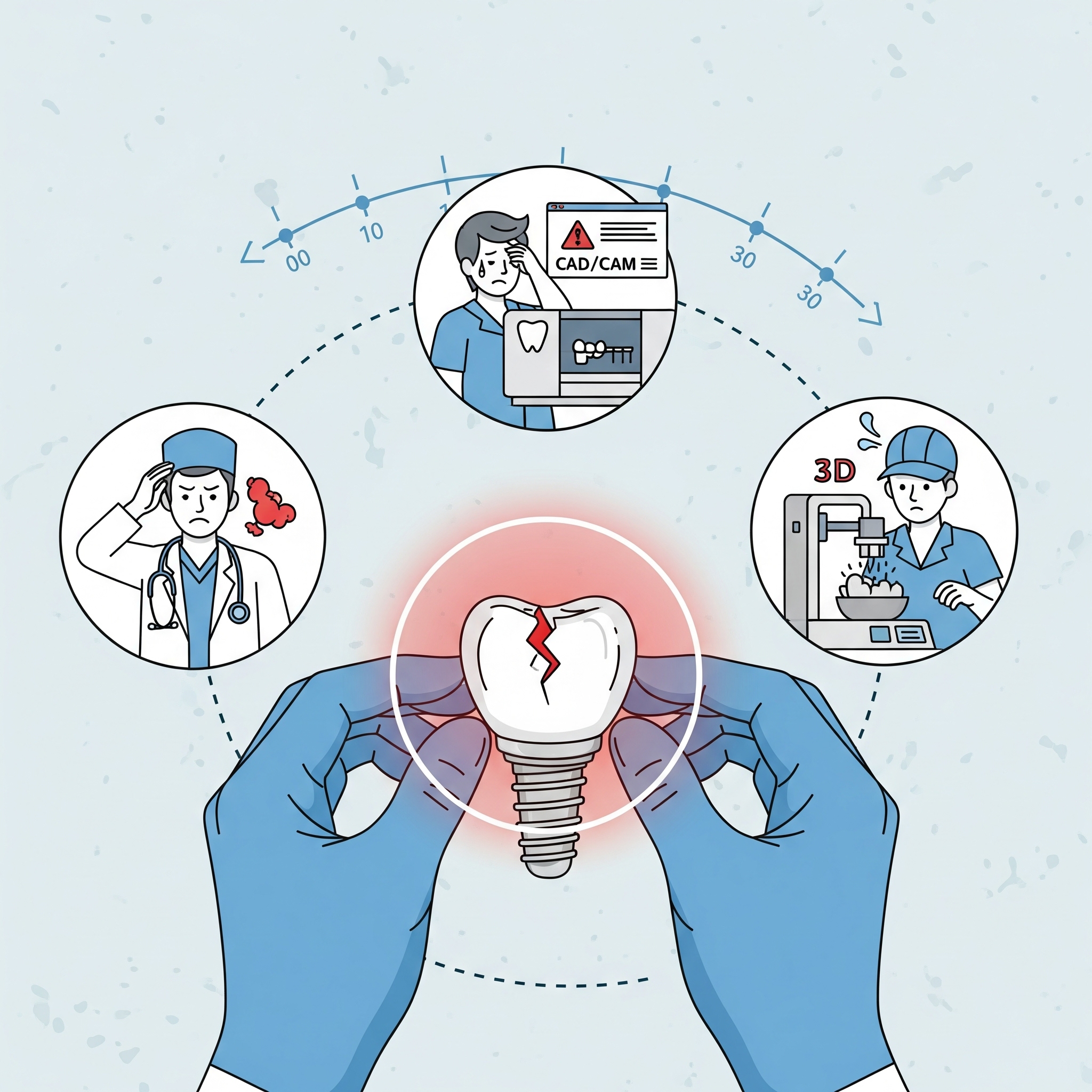 Illustration of the scrap/rework loop caused by design flaws across CAD/CAM, manufacturing, and clinical delivery